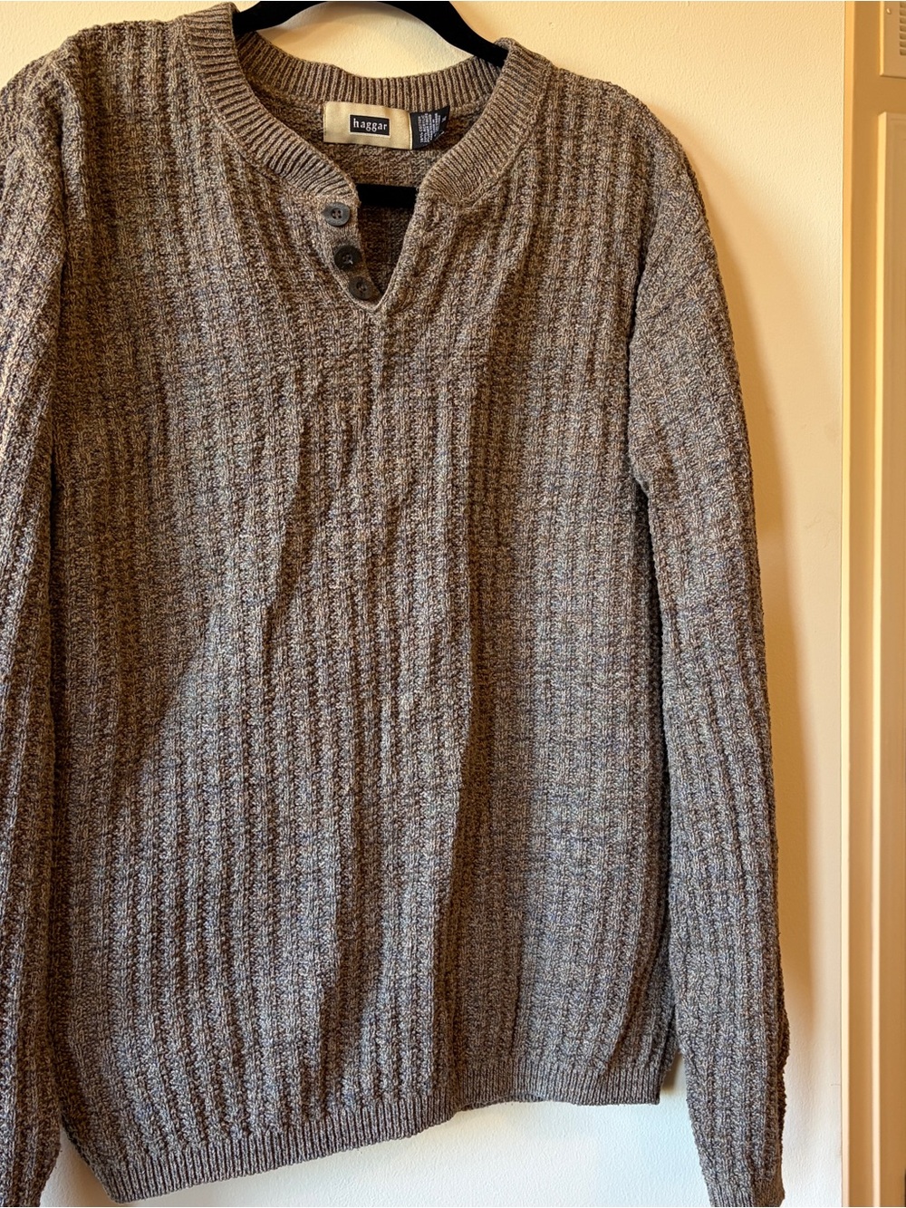 Haggar Brown and Gray Textured Knit Henley Sweater